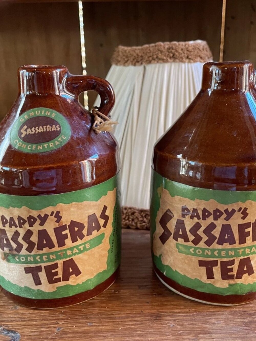 Vintage Pottery Brown Jug Lamps Pappy's Sassafras Tea w/ original tag Set of 2